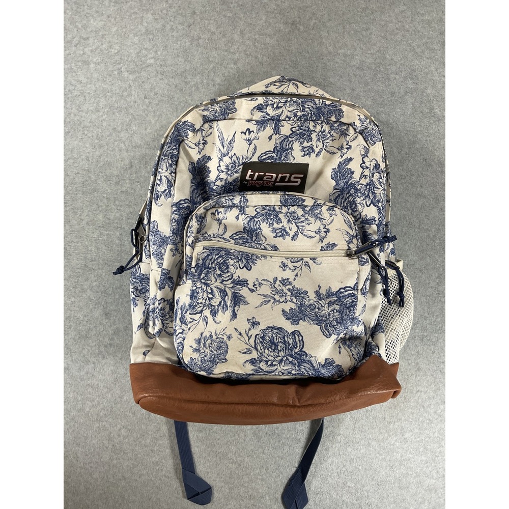 Trans by JanSport Blue White Floral Toile Backpack Brown Faux Leather Bottom